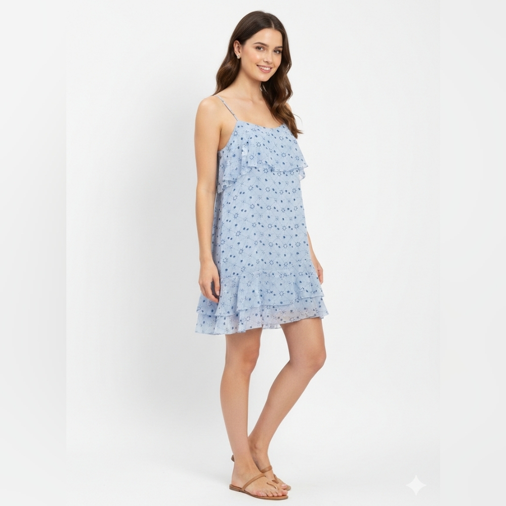 Avec Les Filles Blue Geometric Sun Print Ruffle Cami Dress Size M